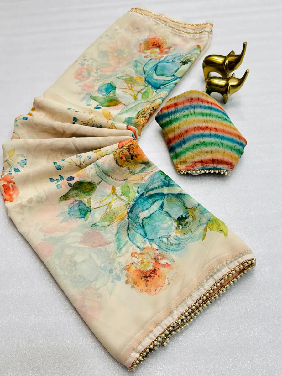 New Arrival Floral Digital Print Chiffon Saree with Handwork Moti Lace Border
